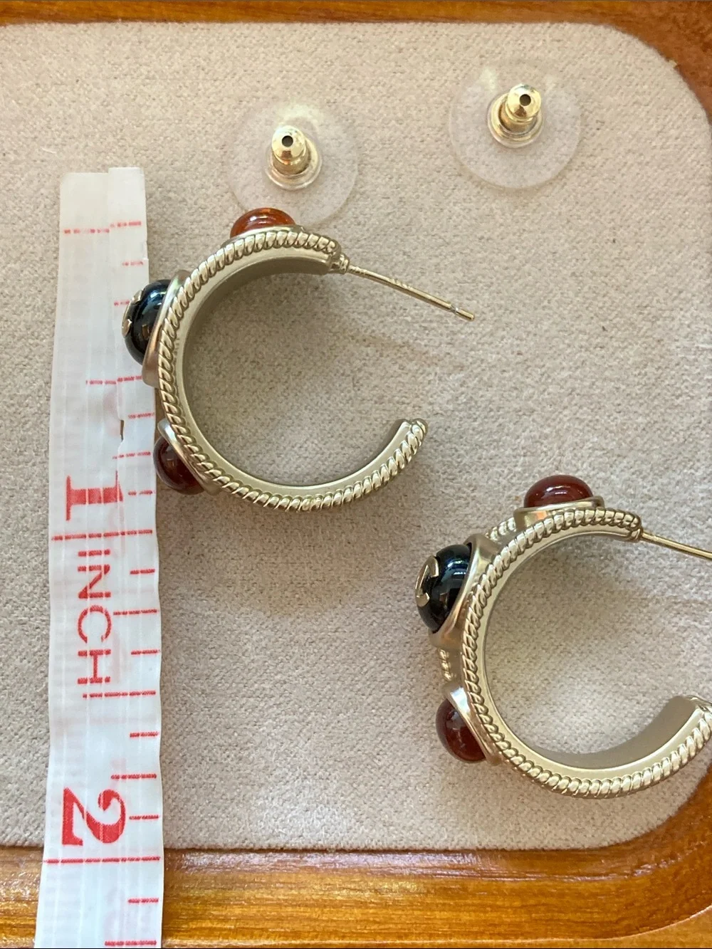 CHANEL Gold-Tone Oval Drop Earrings with Orange Cabochons
